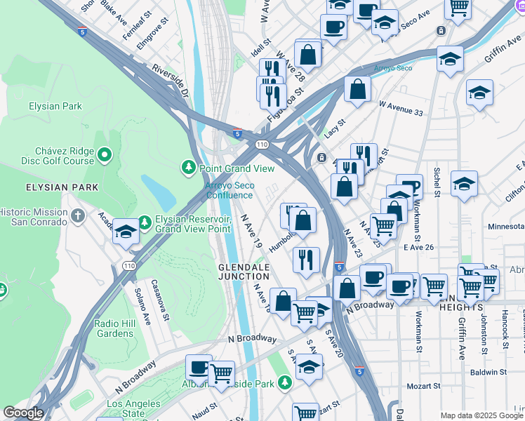 map of restaurants, bars, coffee shops, grocery stores, and more near 405 North San Fernando Road in Los Angeles