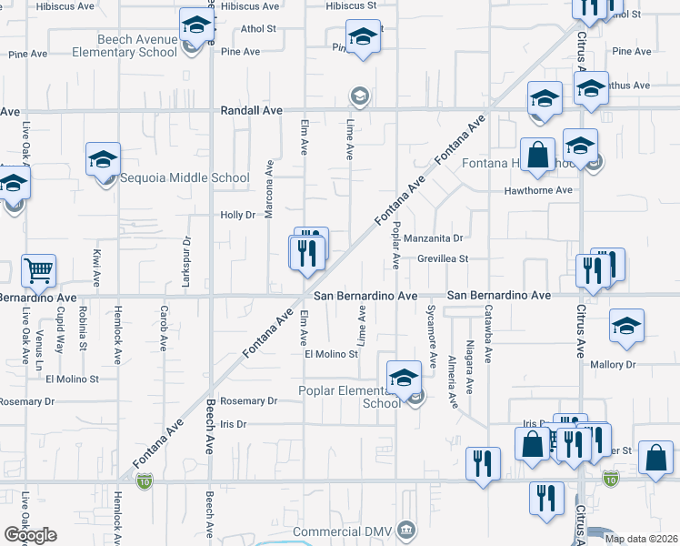 map of restaurants, bars, coffee shops, grocery stores, and more near 9633 Fontana Avenue in Fontana