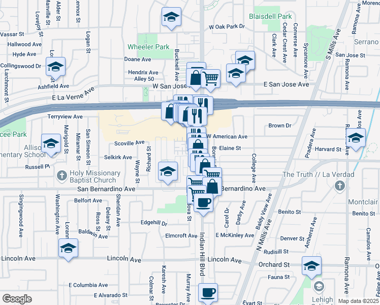 map of restaurants, bars, coffee shops, grocery stores, and more near 1452 Oakwood Way in Pomona