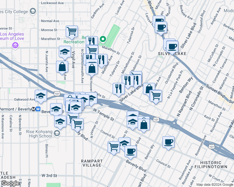 map of restaurants, bars, coffee shops, grocery stores, and more near 3311 London Street in Los Angeles