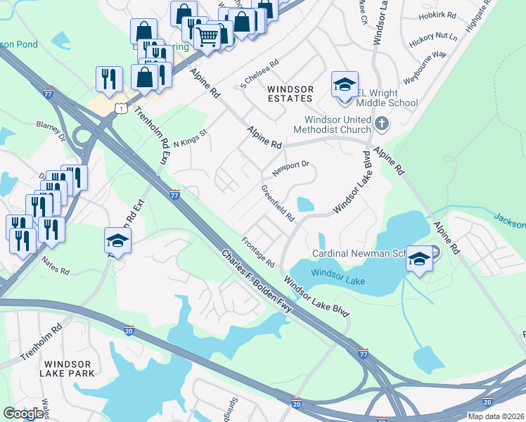 map of restaurants, bars, coffee shops, grocery stores, and more near 109 Baynard Court in Columbia