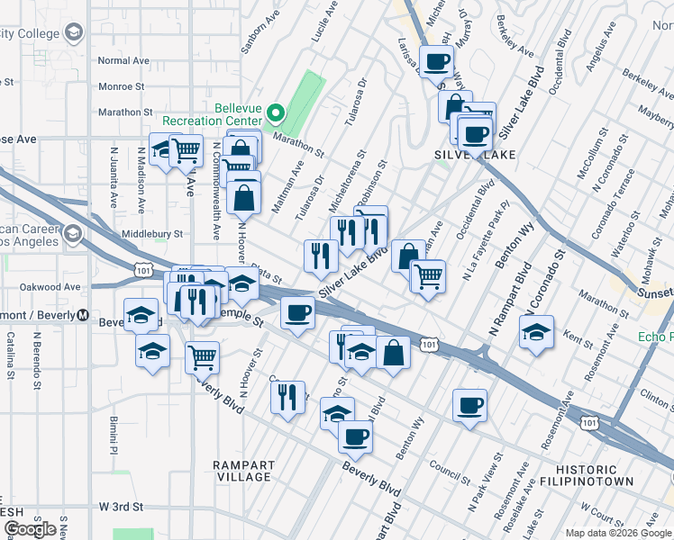 map of restaurants, bars, coffee shops, grocery stores, and more near in Los Angeles