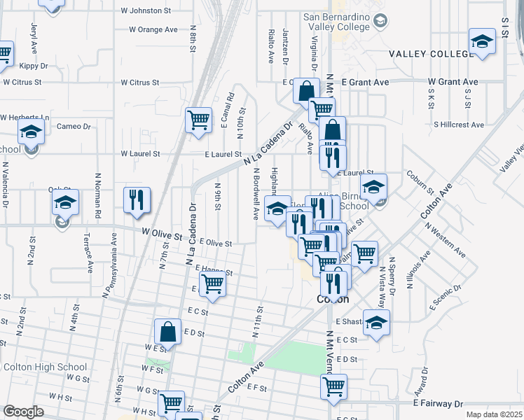 map of restaurants, bars, coffee shops, grocery stores, and more near 1246 North Bordwell Avenue in Colton
