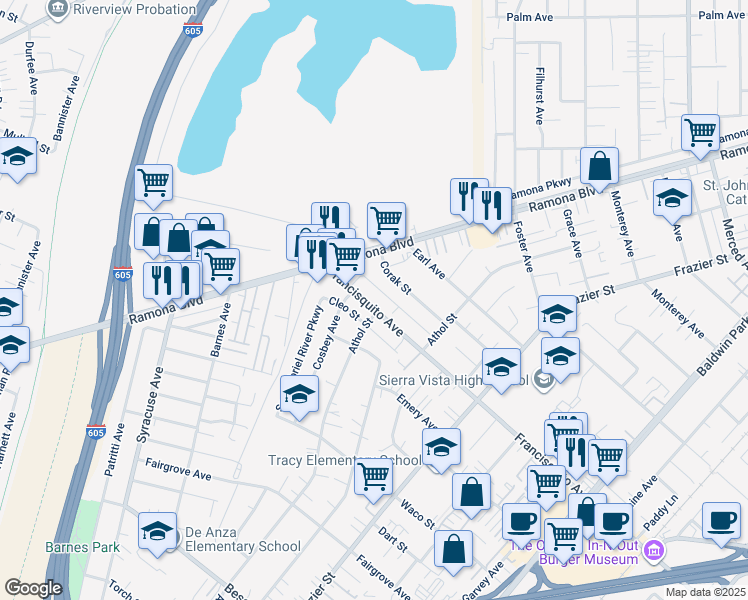 map of restaurants, bars, coffee shops, grocery stores, and more near 13079 Francisquito Avenue in Baldwin Park