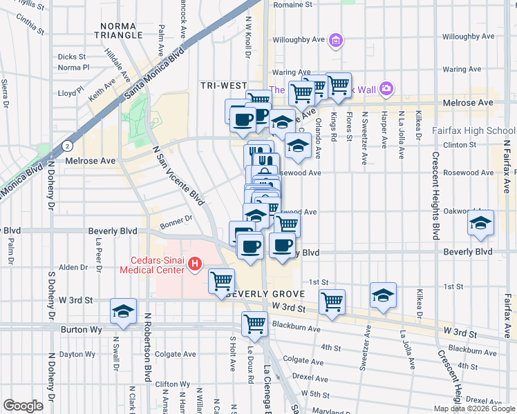 map of restaurants, bars, coffee shops, grocery stores, and more near 375 La Cienega Boulevard in Los Angeles