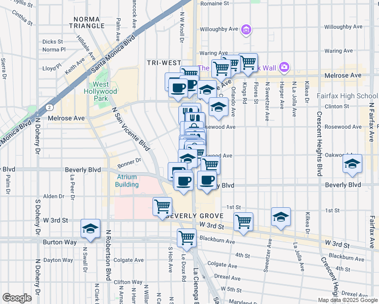 map of restaurants, bars, coffee shops, grocery stores, and more near 375 North La Cienega Boulevard in West Hollywood