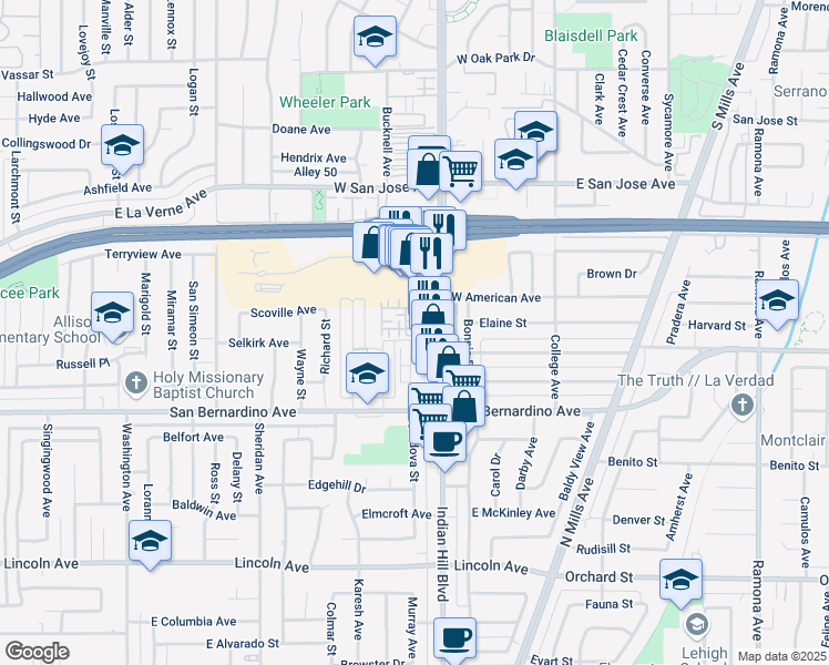 map of restaurants, bars, coffee shops, grocery stores, and more near 1452 Oakwood Way in Pomona
