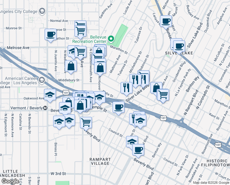 map of restaurants, bars, coffee shops, grocery stores, and more near 3414 London Street in Los Angeles