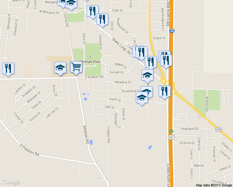 map of restaurants, bars, coffee shops, grocery stores, and more near 608 Sycamore Drive in Burkburnett