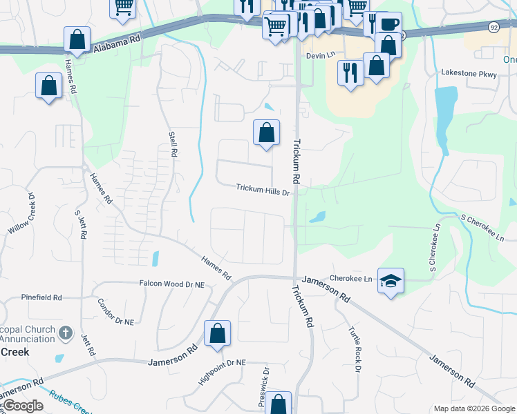 map of restaurants, bars, coffee shops, grocery stores, and more near 154 Sierra Circle in Woodstock