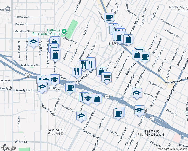 map of restaurants, bars, coffee shops, grocery stores, and more near 617 North Vendome Street in Los Angeles