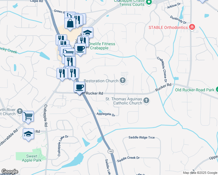 map of restaurants, bars, coffee shops, grocery stores, and more near 12163 Limeridge Court in Alpharetta
