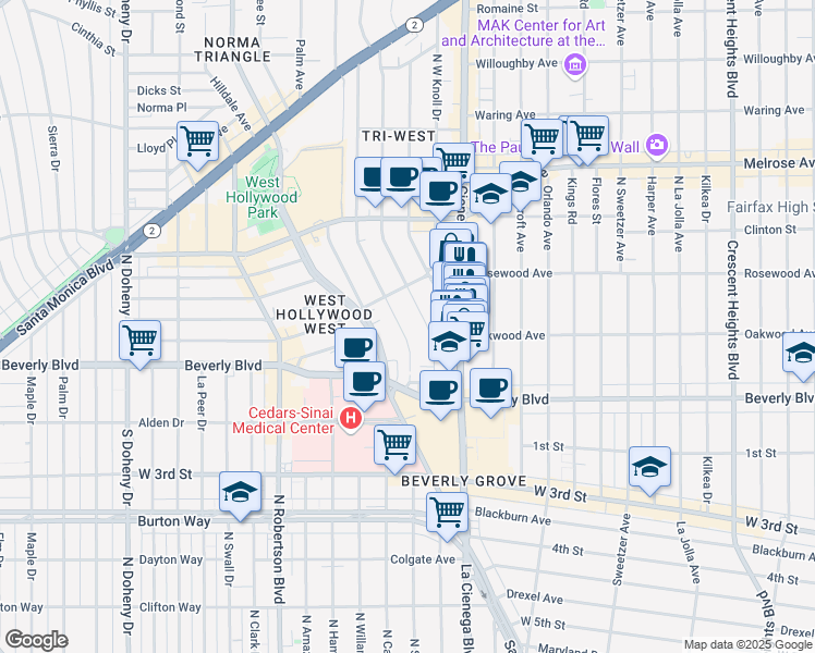 map of restaurants, bars, coffee shops, grocery stores, and more near 362 Huntley Drive in West Hollywood