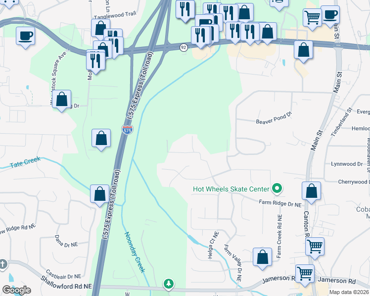 map of restaurants, bars, coffee shops, grocery stores, and more near 326 Old Farm Road in Woodstock