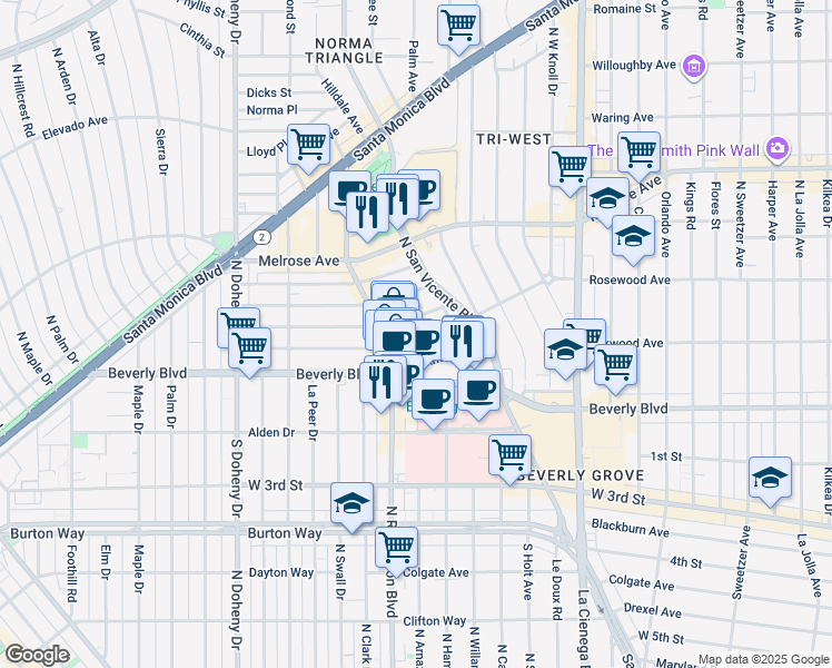 map of restaurants, bars, coffee shops, grocery stores, and more near 8741 Rosewood Avenue in West Hollywood