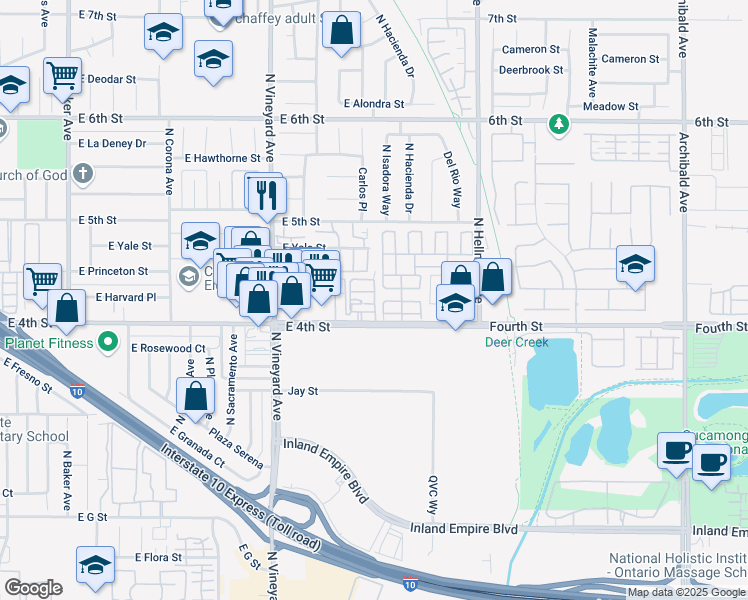 map of restaurants, bars, coffee shops, grocery stores, and more near 2076-2122 East 4th Street in Ontario