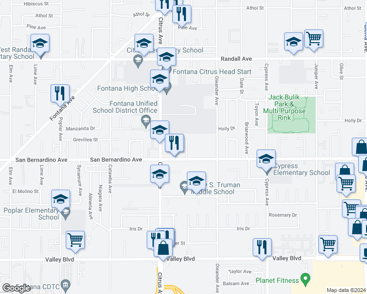map of restaurants, bars, coffee shops, grocery stores, and more near 9658 Lemon Court in Fontana