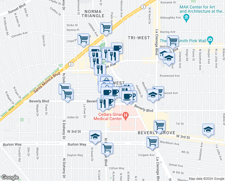 map of restaurants, bars, coffee shops, grocery stores, and more near 8741 Rosewood Avenue in West Hollywood
