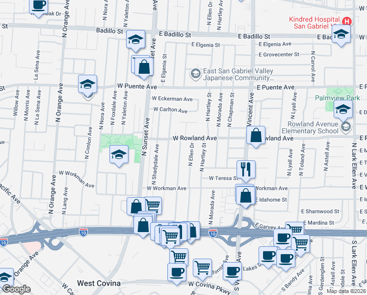 map of restaurants, bars, coffee shops, grocery stores, and more near 426 North Walnuthaven Drive in West Covina