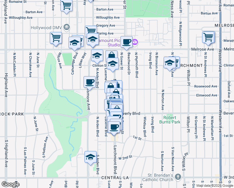 map of restaurants, bars, coffee shops, grocery stores, and more near 435 North Gower Street in Los Angeles