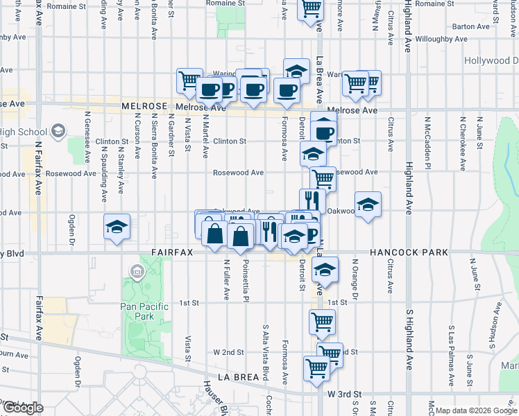 map of restaurants, bars, coffee shops, grocery stores, and more near 7257 Oakwood Avenue in Los Angeles
