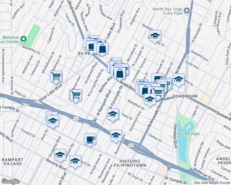 map of restaurants, bars, coffee shops, grocery stores, and more near 2517 Marathon Street in Los Angeles