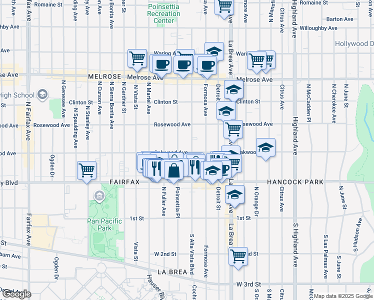 map of restaurants, bars, coffee shops, grocery stores, and more near 7257 Oakwood Avenue in Los Angeles