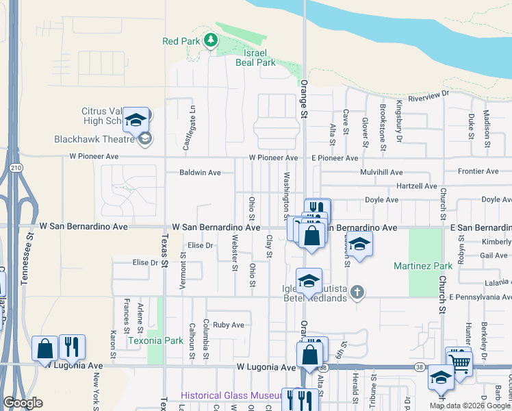map of restaurants, bars, coffee shops, grocery stores, and more near 1632 Ohio Street in Redlands