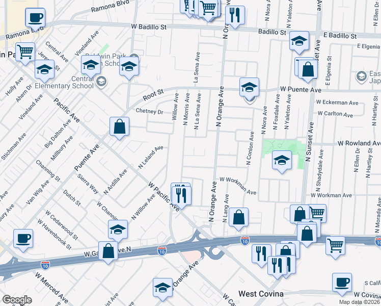 map of restaurants, bars, coffee shops, grocery stores, and more near 2005 West Padre Drive in West Covina