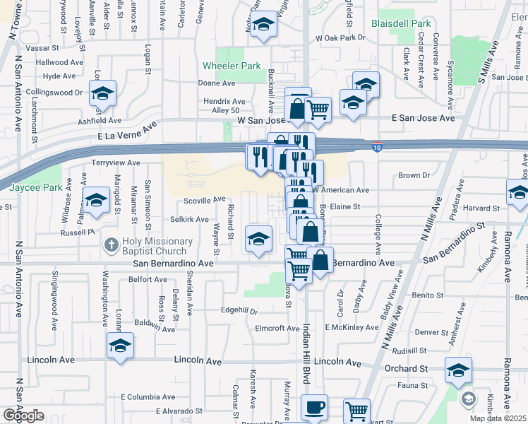 map of restaurants, bars, coffee shops, grocery stores, and more near 1989 Annandale Way in Pomona