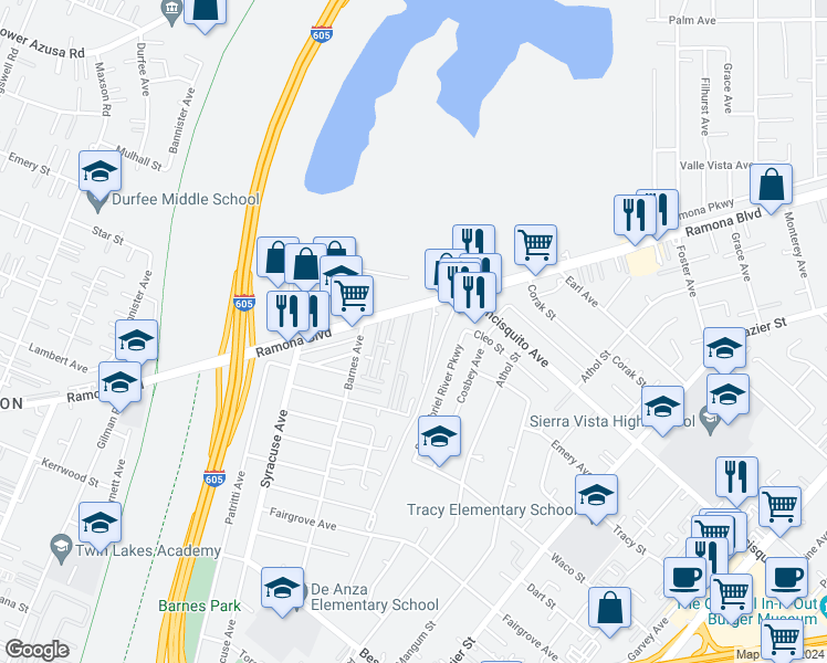 map of restaurants, bars, coffee shops, grocery stores, and more near 3708 Summer Lane in Baldwin Park