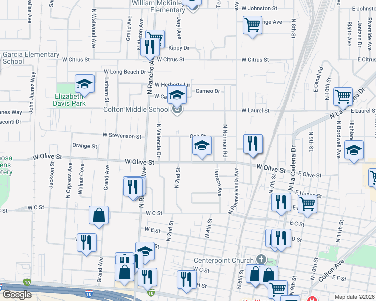 map of restaurants, bars, coffee shops, grocery stores, and more near 1145 North Bonita Drive in Colton