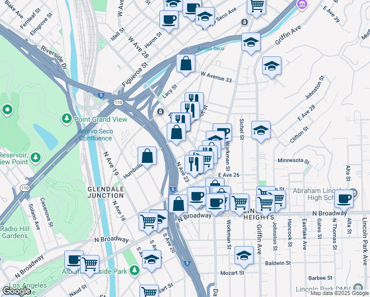 map of restaurants, bars, coffee shops, grocery stores, and more near 212 North Avenue 25 in Los Angeles