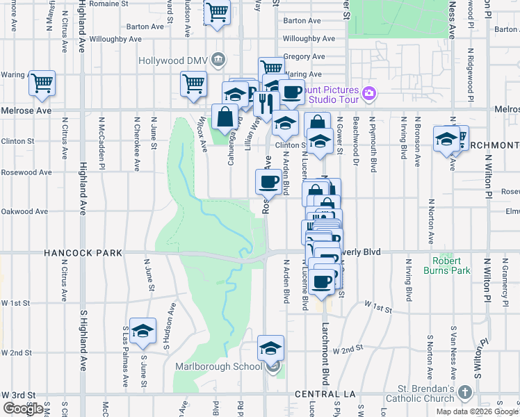 map of restaurants, bars, coffee shops, grocery stores, and more near 445 North Rossmore Avenue in Los Angeles