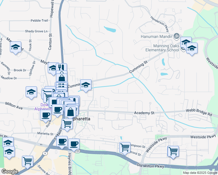 map of restaurants, bars, coffee shops, grocery stores, and more near 2565 Clairview Street in Alpharetta