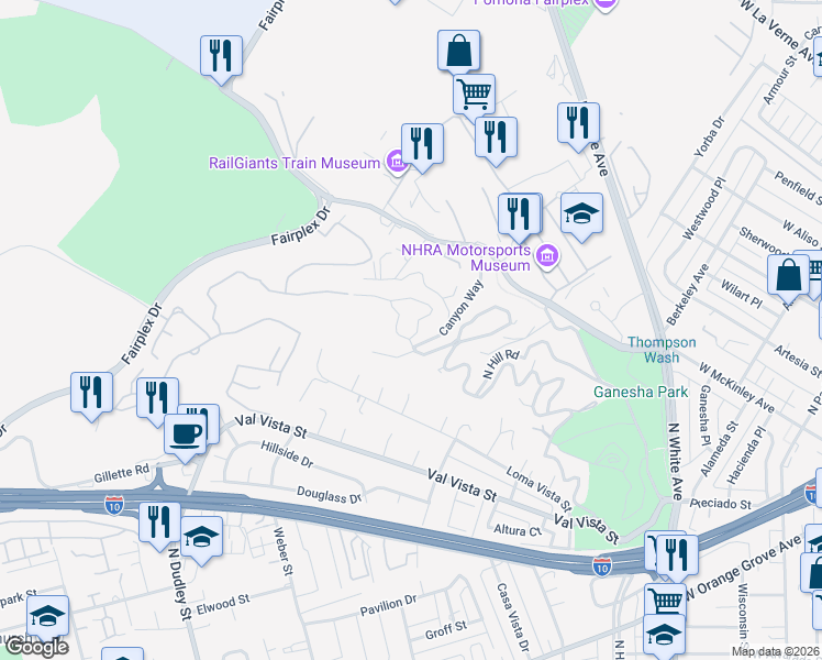 map of restaurants, bars, coffee shops, grocery stores, and more near 1215 Hillcrest Drive in Pomona