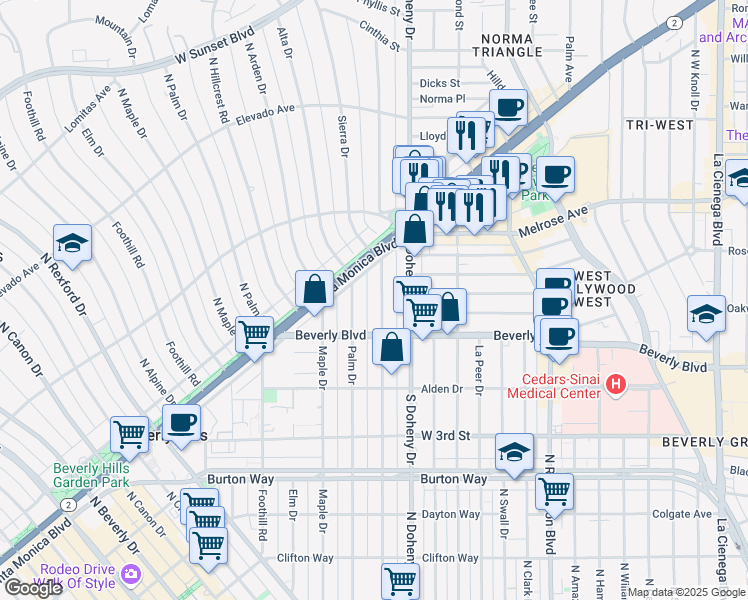 map of restaurants, bars, coffee shops, grocery stores, and more near 441 North Oakhurst Drive in Beverly Hills