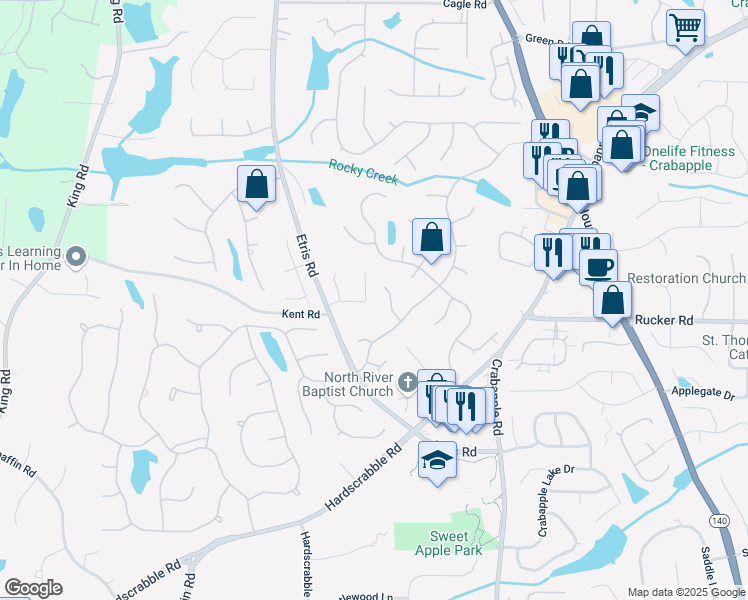 map of restaurants, bars, coffee shops, grocery stores, and more near 160 Etris Grove Court in Roswell