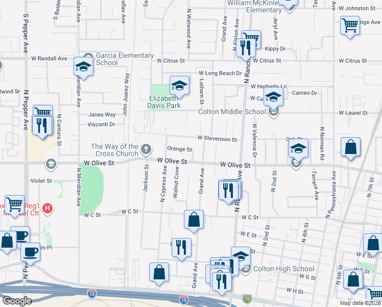 map of restaurants, bars, coffee shops, grocery stores, and more near 1105 Latham Street in Colton