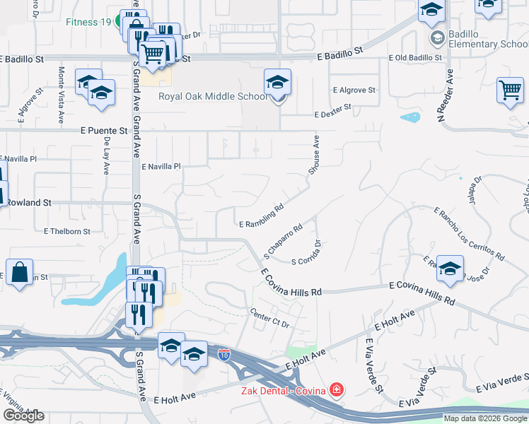 map of restaurants, bars, coffee shops, grocery stores, and more near 19913 East Rambling Road in Covina
