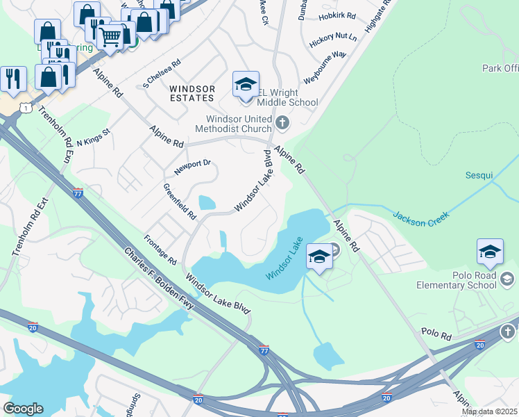 map of restaurants, bars, coffee shops, grocery stores, and more near 1335 Parliament Lake Drive in Columbia