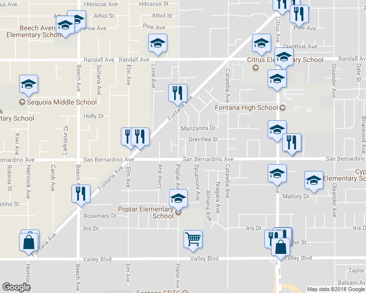 map of restaurants, bars, coffee shops, grocery stores, and more near 15712 Deodar Court in Fontana
