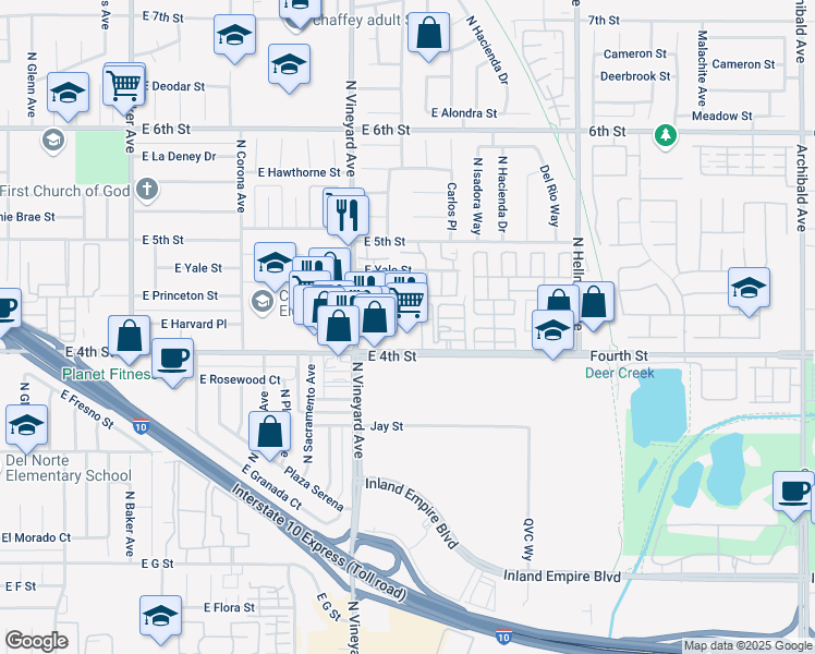 map of restaurants, bars, coffee shops, grocery stores, and more near 1955 East 4th Street in Ontario