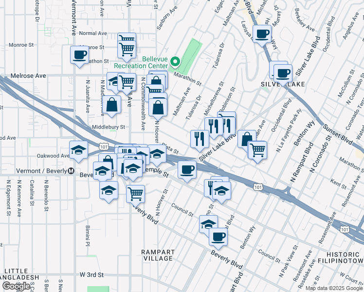 map of restaurants, bars, coffee shops, grocery stores, and more near 3422 London Street in Los Angeles