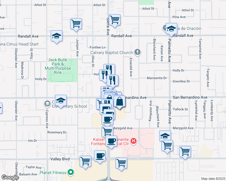 map of restaurants, bars, coffee shops, grocery stores, and more near 9673 Sierra Avenue in Fontana