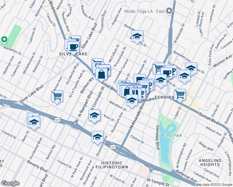 map of restaurants, bars, coffee shops, grocery stores, and more near 1045 Waterloo St in Los Angeles