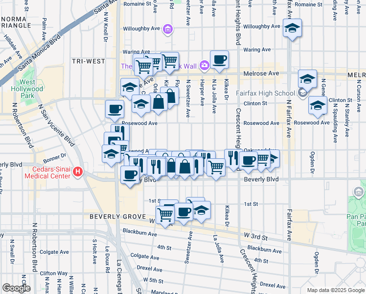map of restaurants, bars, coffee shops, grocery stores, and more near 410 North Flores Street in Los Angeles