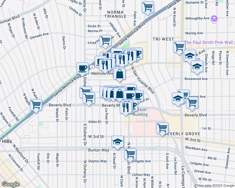 map of restaurants, bars, coffee shops, grocery stores, and more near 8832 Ashcroft Avenue in West Hollywood