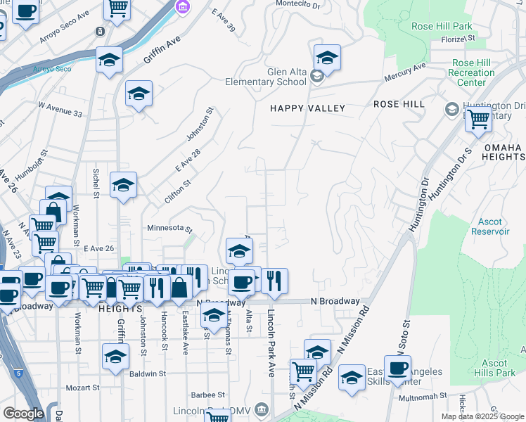 map of restaurants, bars, coffee shops, grocery stores, and more near 2745 Lincoln Park Avenue in Los Angeles