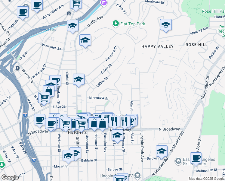 map of restaurants, bars, coffee shops, grocery stores, and more near 3314 Two Tree Avenue in Los Angeles